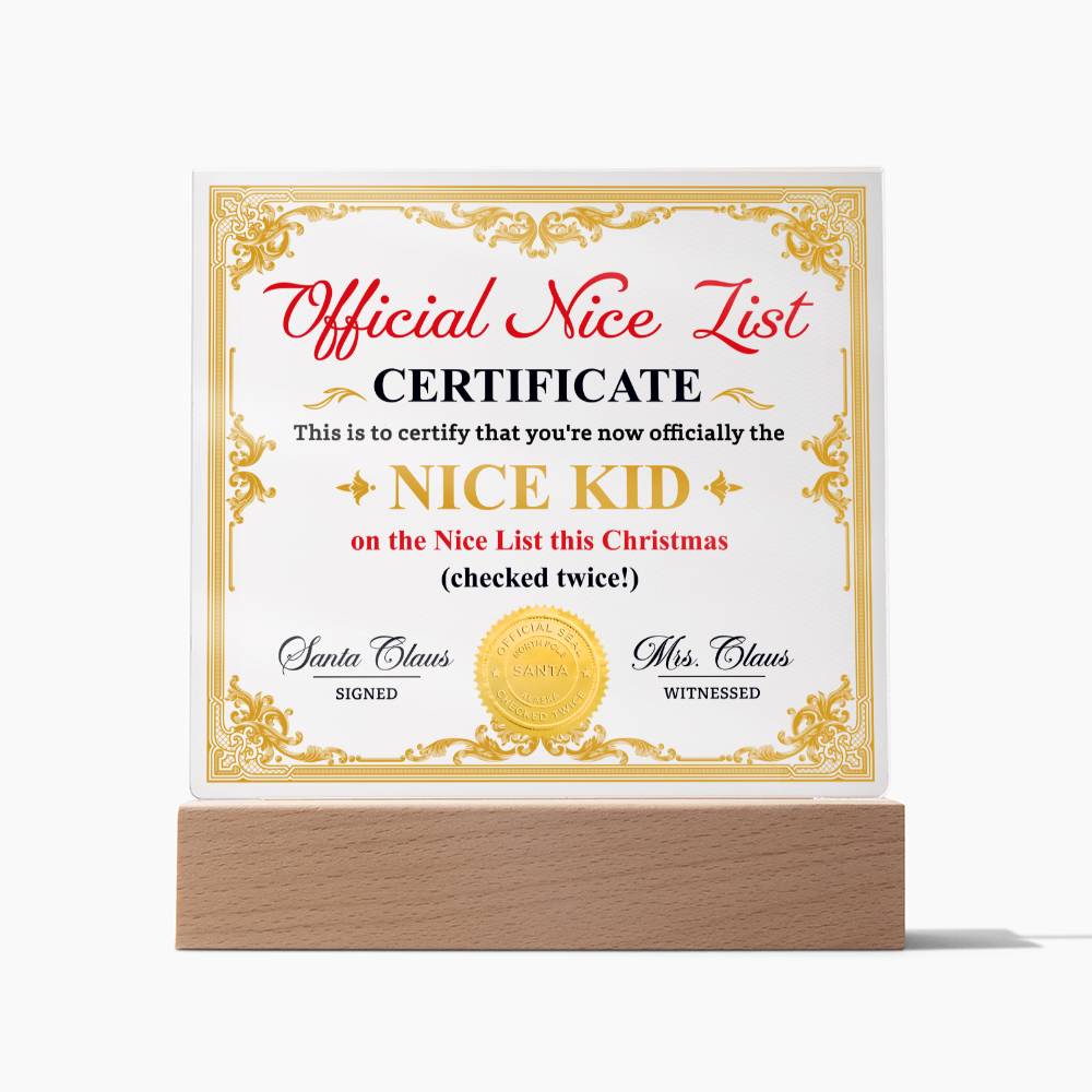 Holiday Acrylic Plaque Gift - Christmas Official Nice List Certificate