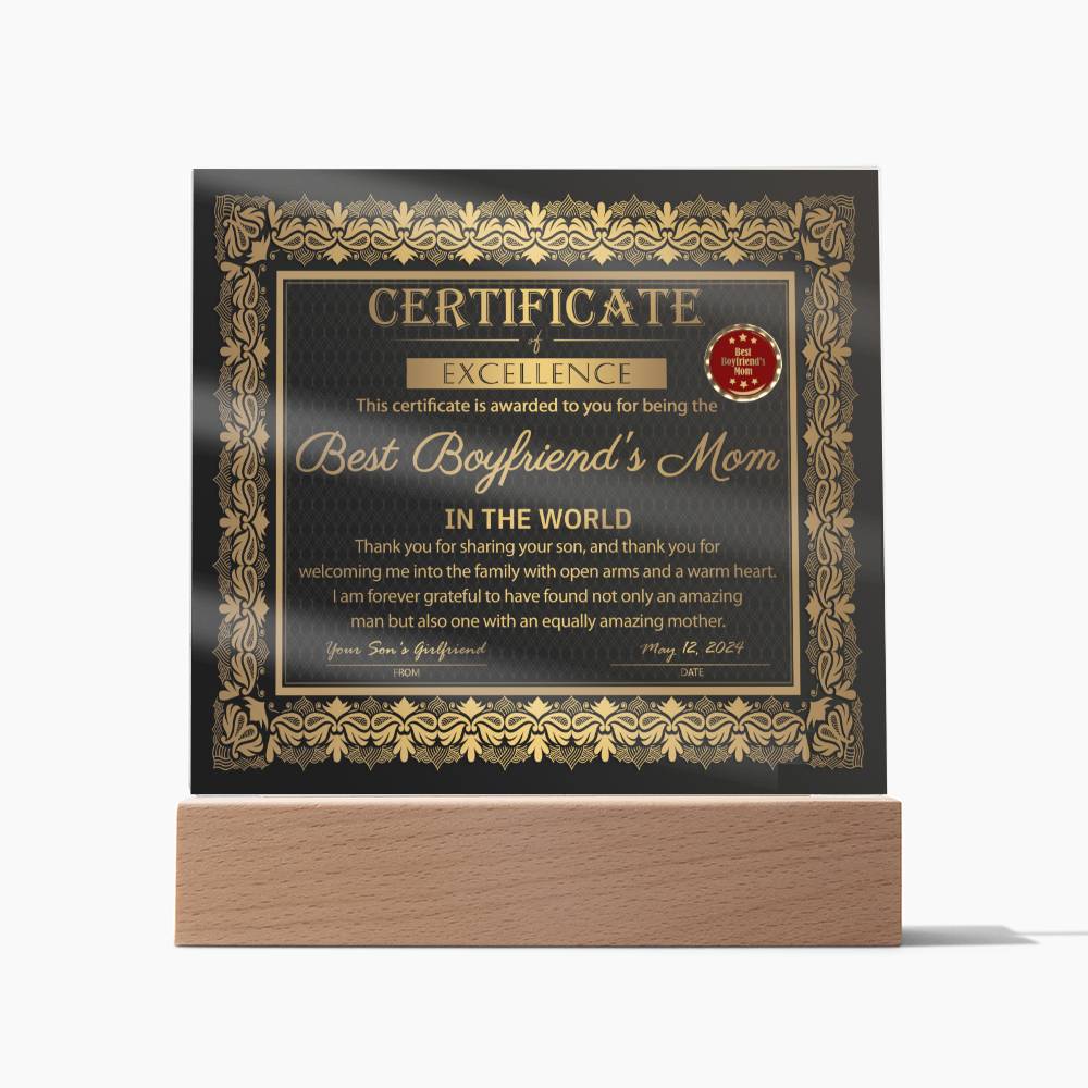 Acrylic Gift For Boyfriend's Mom - Certificate of Excellence