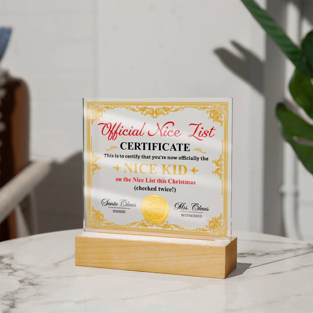 Holiday Acrylic Plaque Gift - Christmas Official Nice List Certificate