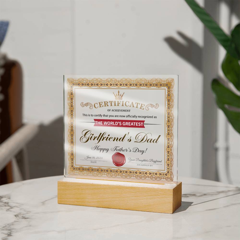 Acrylic Plaque Gift For Girlfriend's Dad - Certificate of Achievement