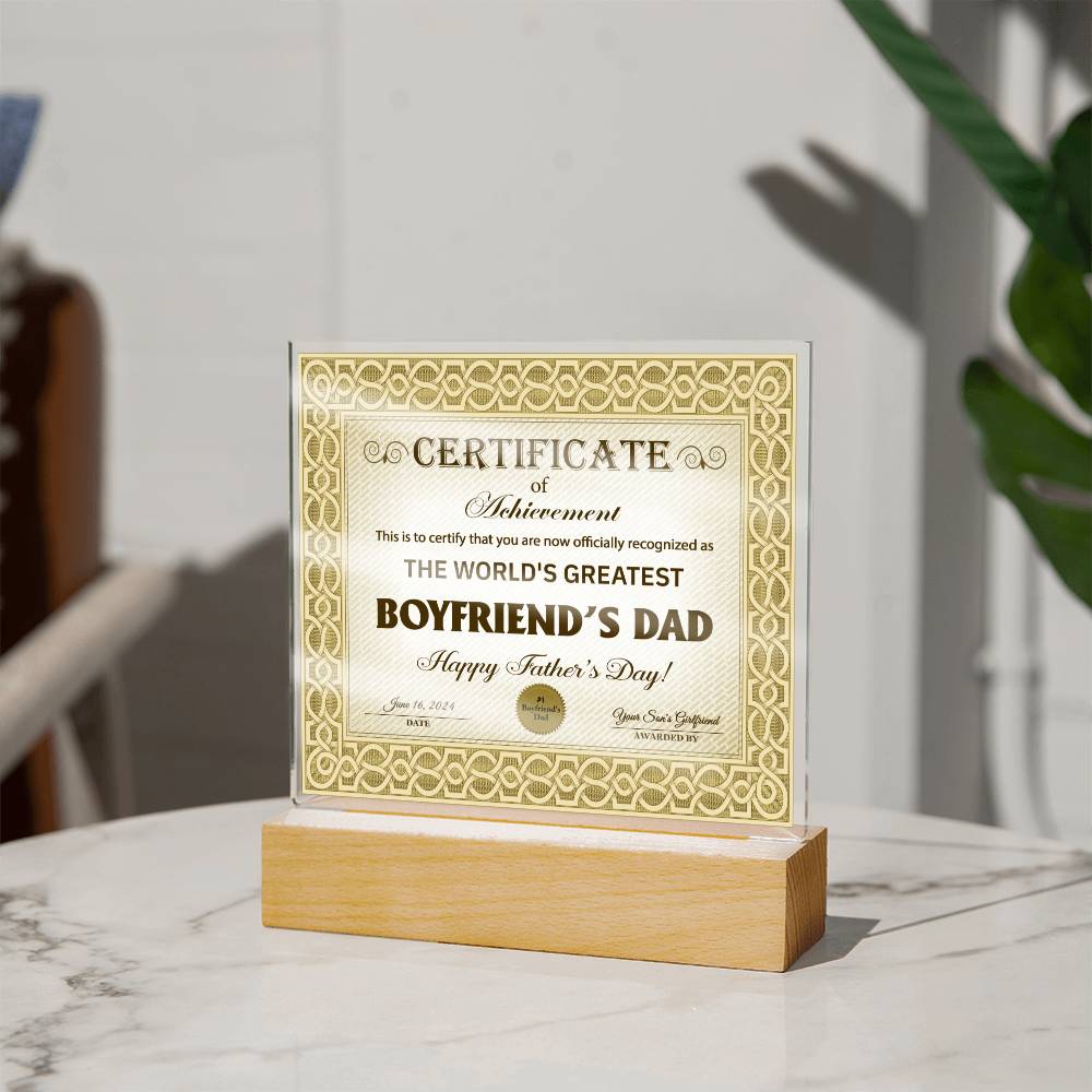 Acrylic Plaque Gift For Boyfriend's Dad - Certificate of Achievement