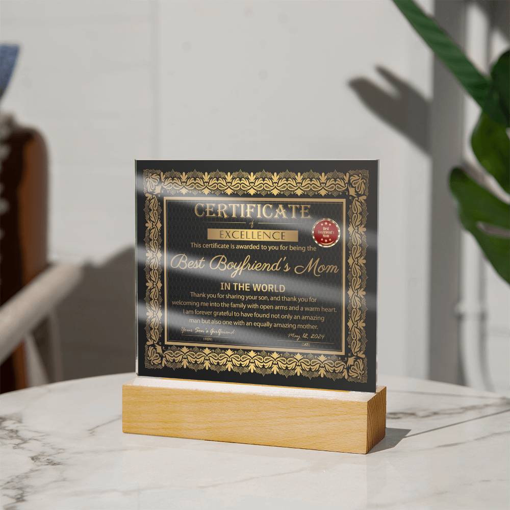 Acrylic Gift For Boyfriend's Mom - Certificate of Excellence