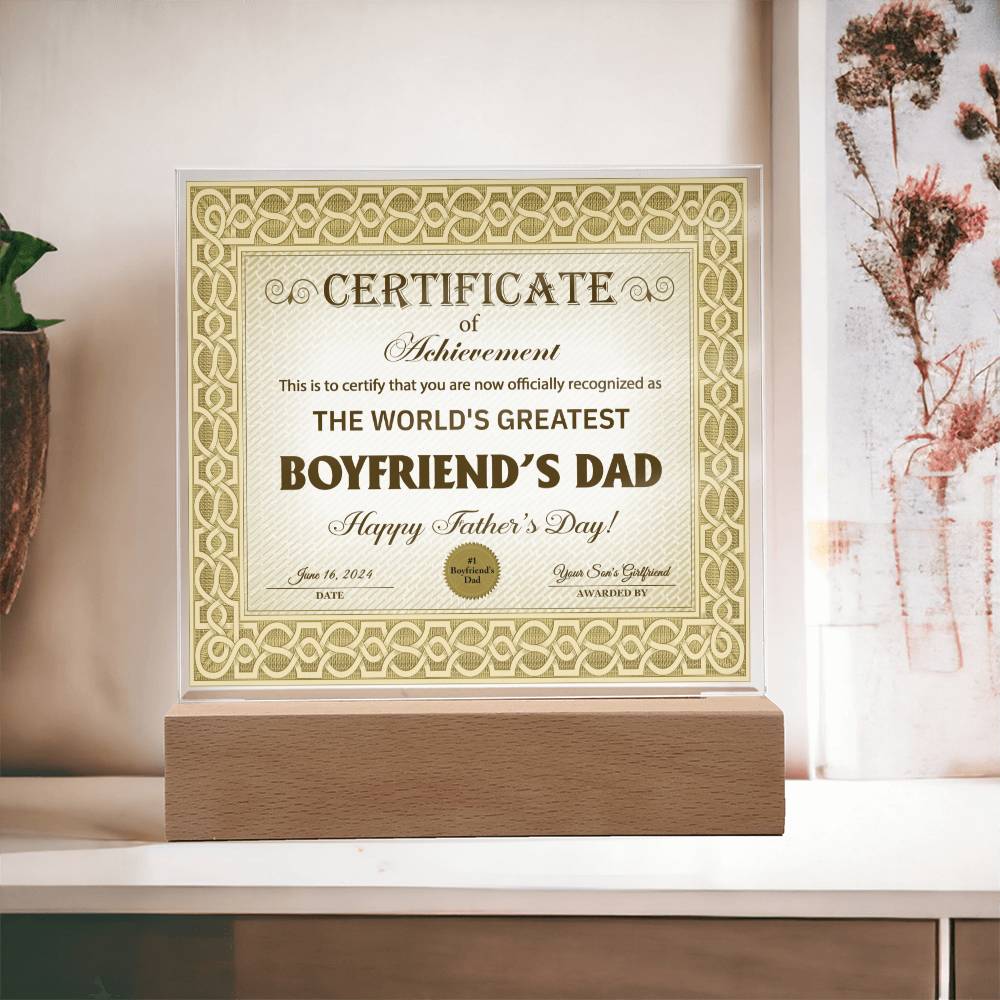 Acrylic Plaque Gift For Boyfriend's Dad - Certificate of Achievement