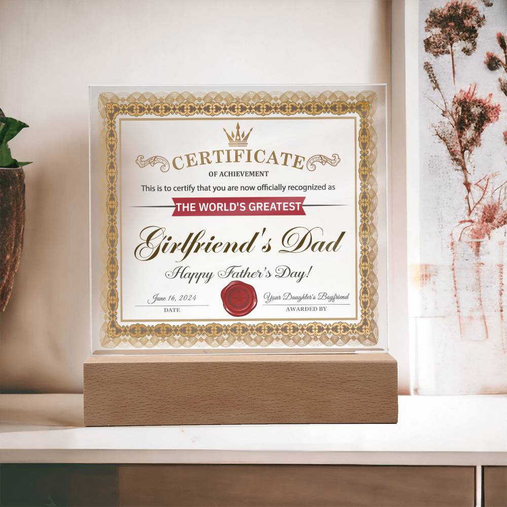 Acrylic Plaque Gift For Girlfriend's Dad - Certificate of Achievement