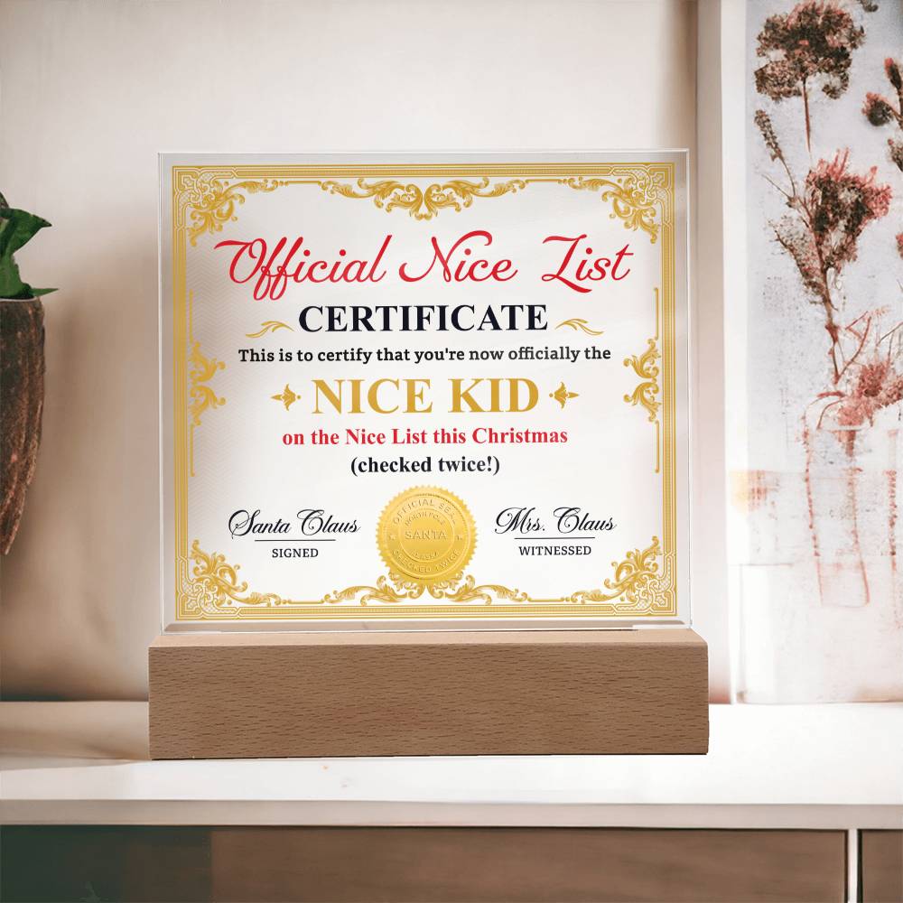 Holiday Acrylic Plaque Gift - Christmas Official Nice List Certificate