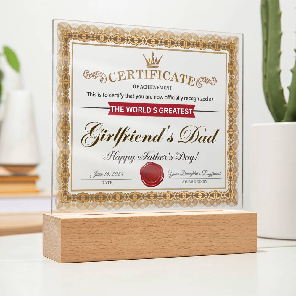 Acrylic Plaque Gift For Girlfriend's Dad - Certificate of Achievement