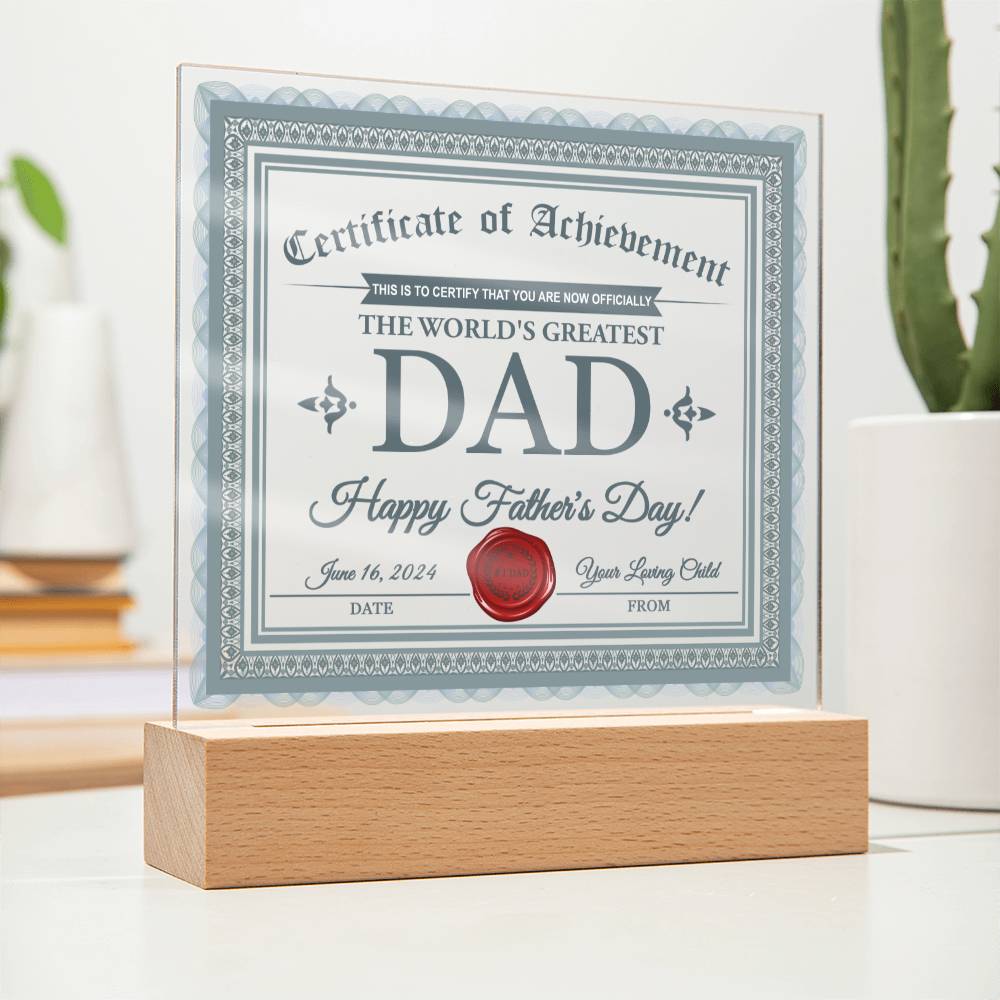 Acrylic Plaque Gift For Dad - Certificate of Achievement