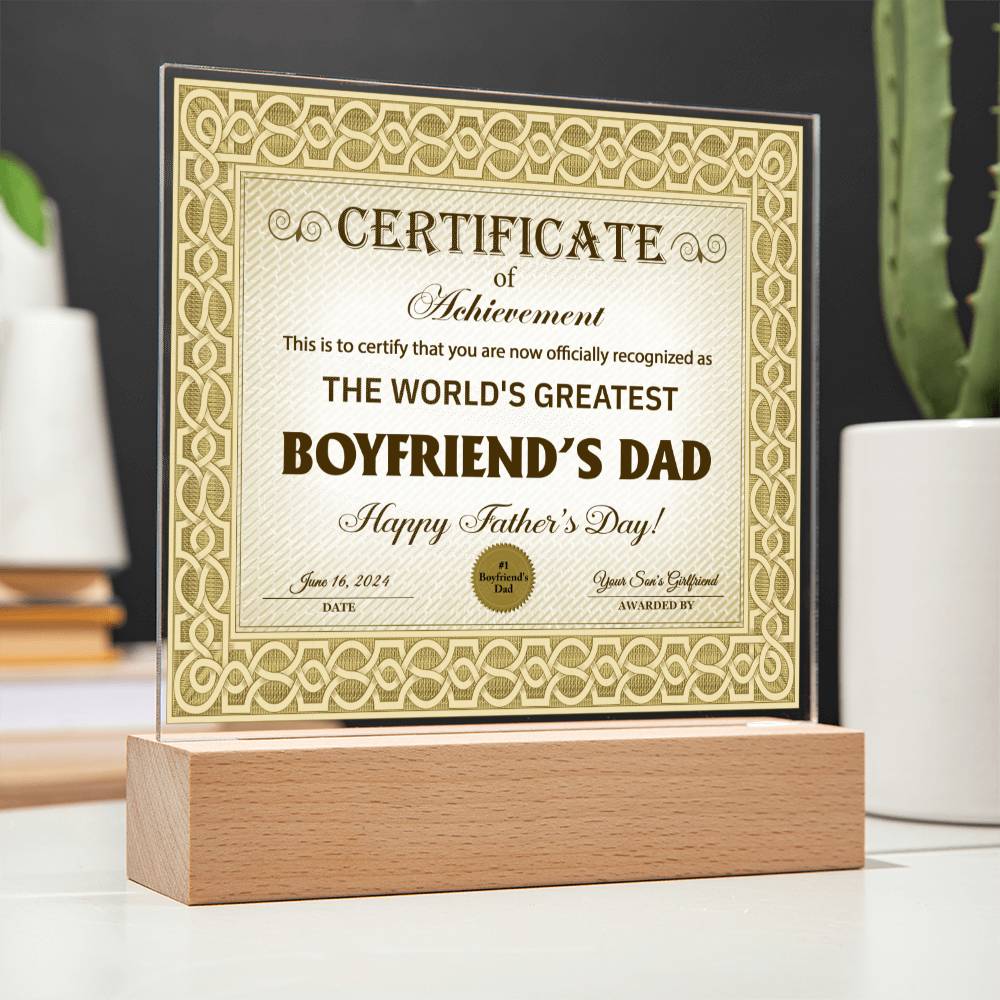 Acrylic Plaque Gift For Boyfriend's Dad - Certificate of Achievement