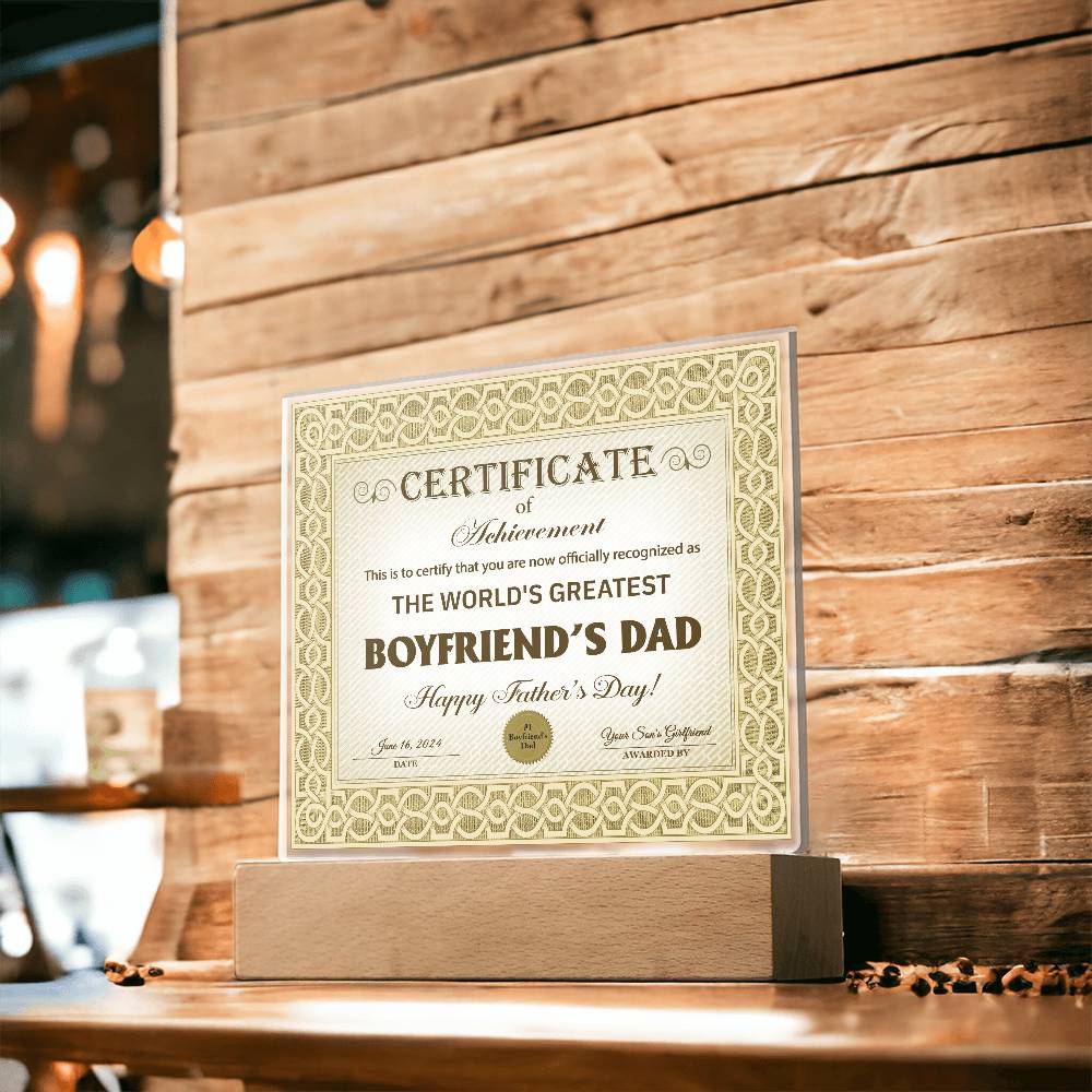 Acrylic Plaque Gift For Boyfriend's Dad - Certificate of Achievement