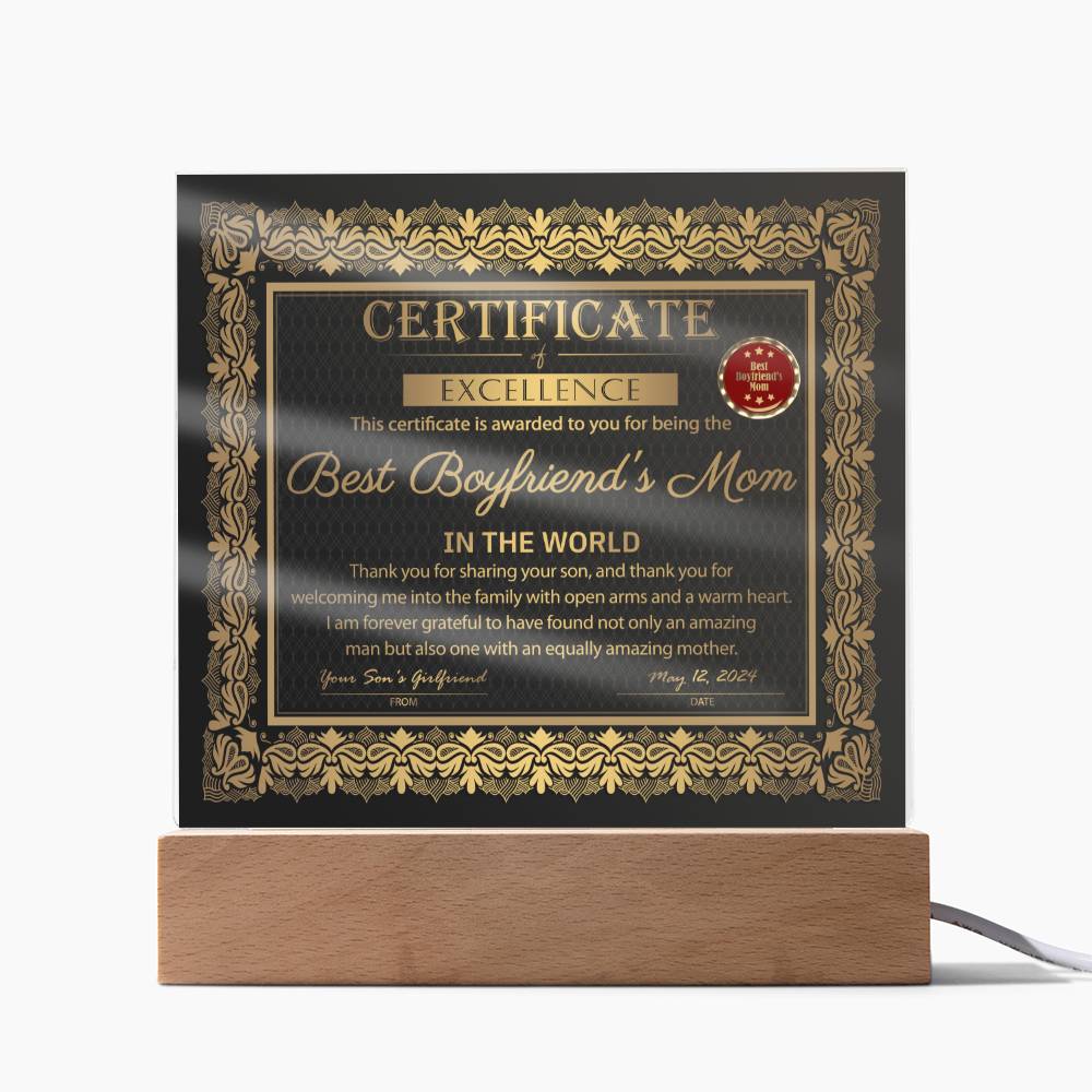 Acrylic Gift For Boyfriend's Mom - Certificate of Excellence
