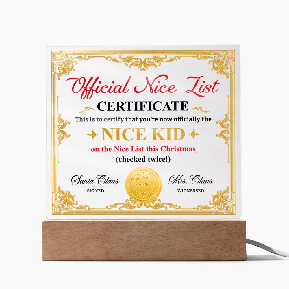 Holiday Acrylic Plaque Gift - Christmas Official Nice List Certificate