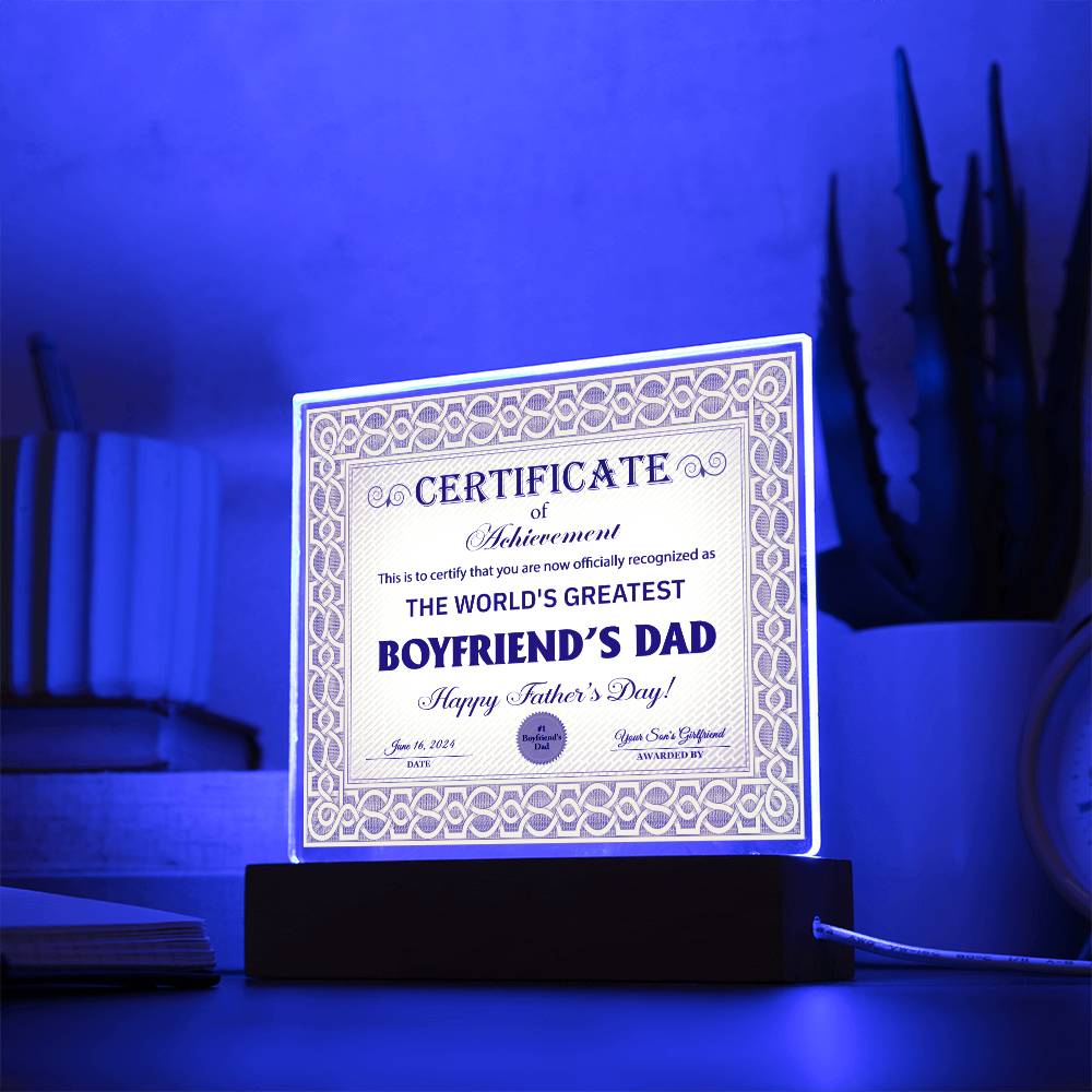 Acrylic Plaque Gift For Boyfriend's Dad - Certificate of Achievement