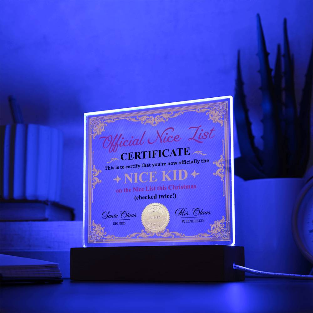 Holiday Acrylic Plaque Gift - Christmas Official Nice List Certificate