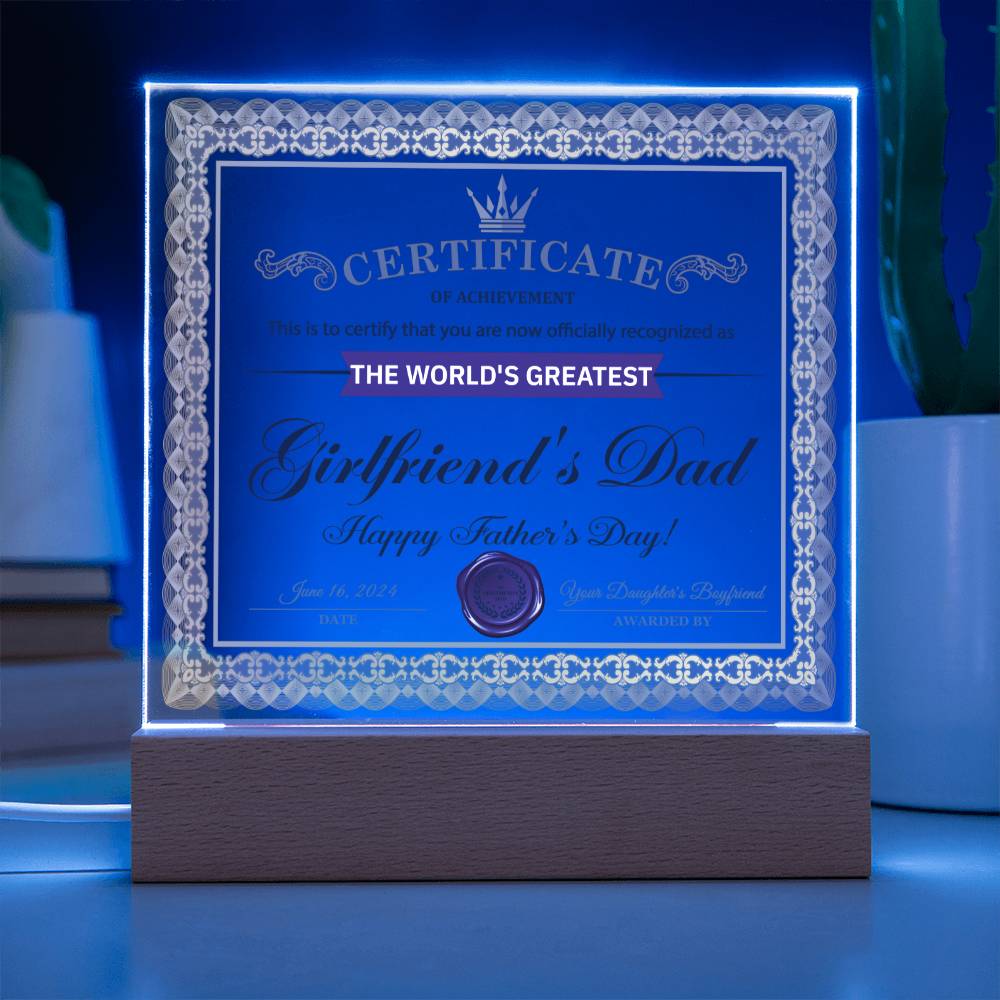 Acrylic Plaque Gift For Girlfriend's Dad - Certificate of Achievement