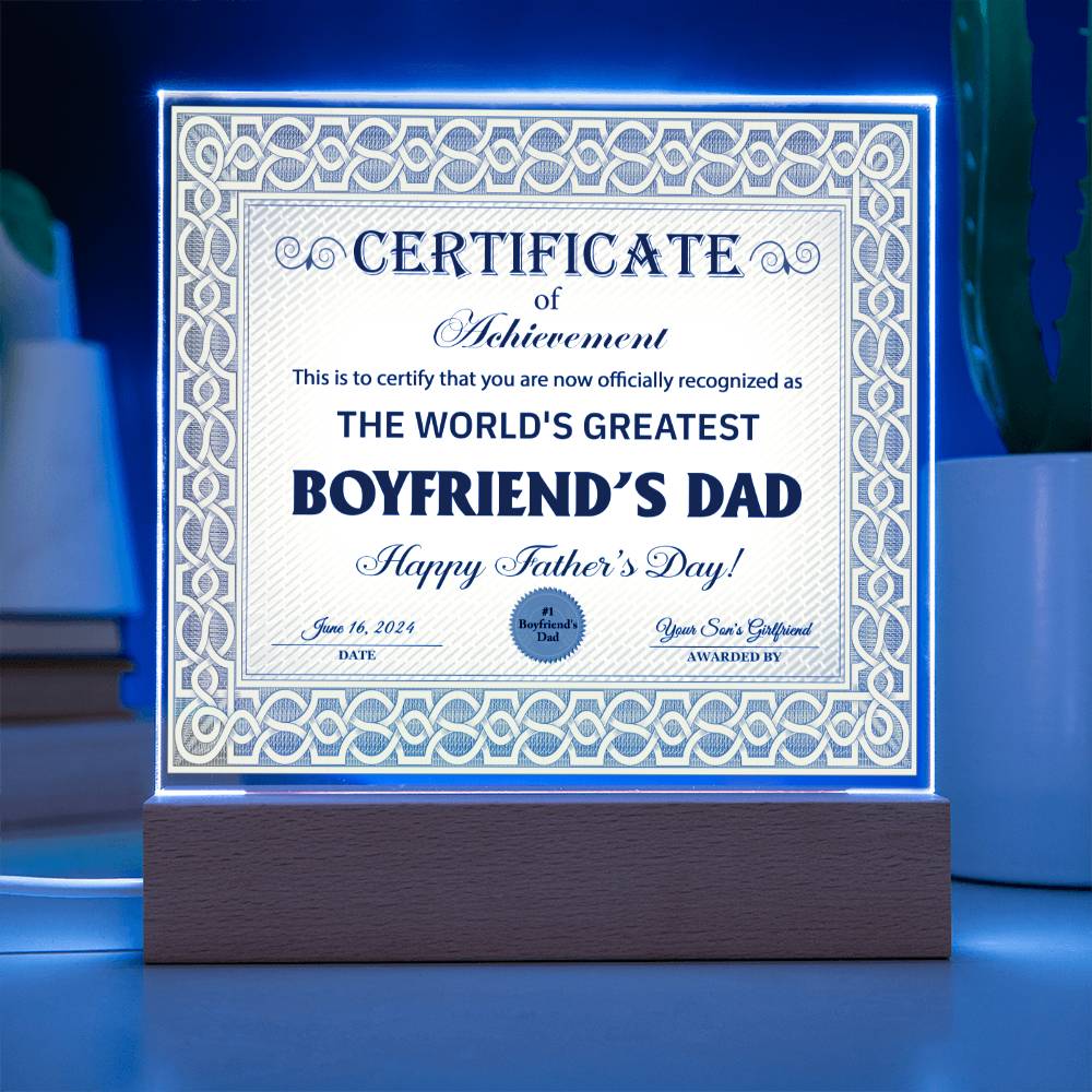 Acrylic Plaque Gift For Boyfriend's Dad - Certificate of Achievement