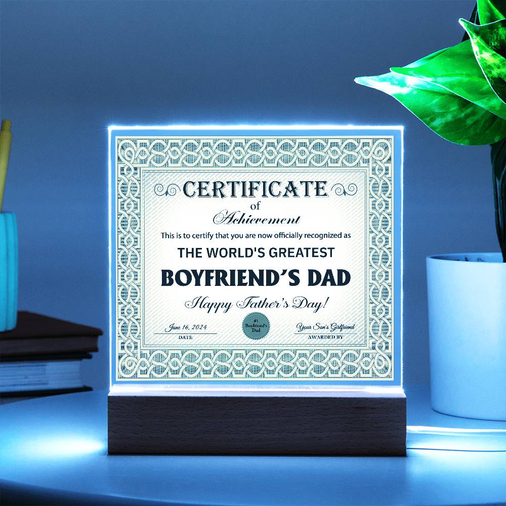 Acrylic Plaque Gift For Boyfriend's Dad - Certificate of Achievement
