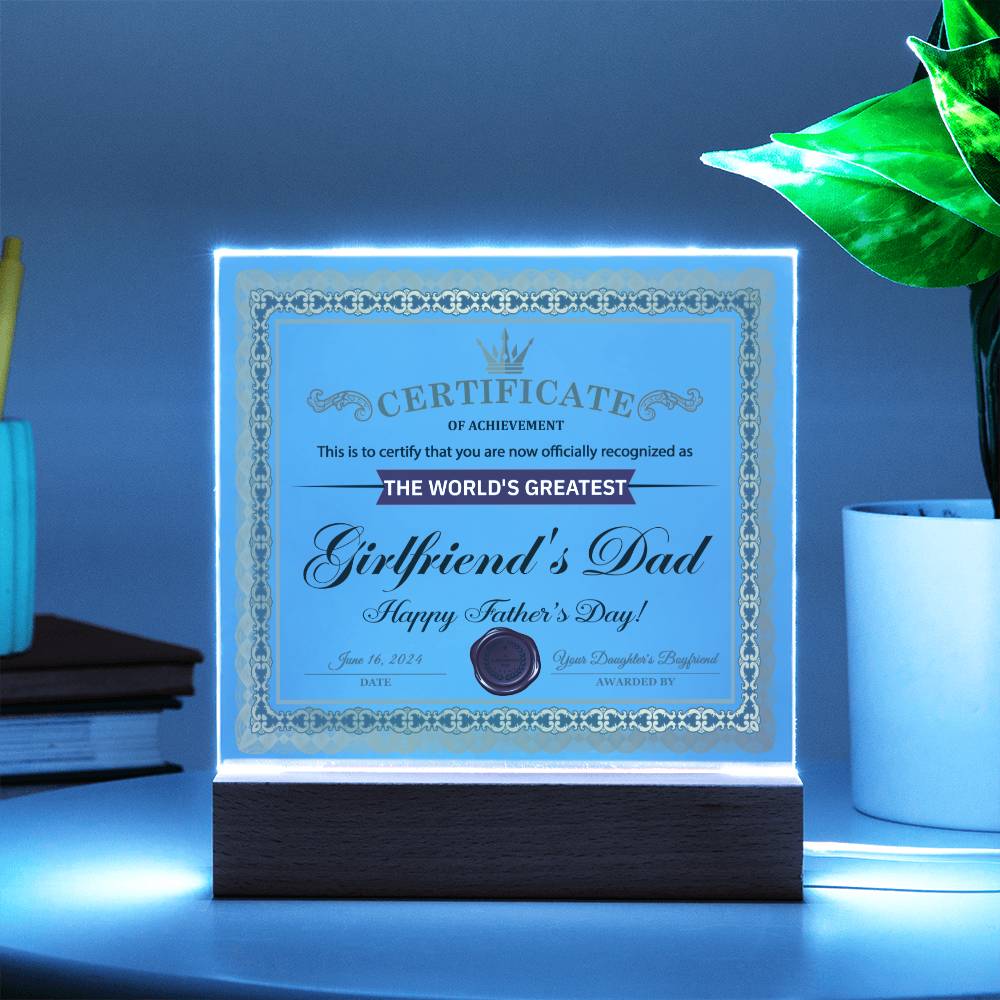 Acrylic Plaque Gift For Girlfriend's Dad - Certificate of Achievement