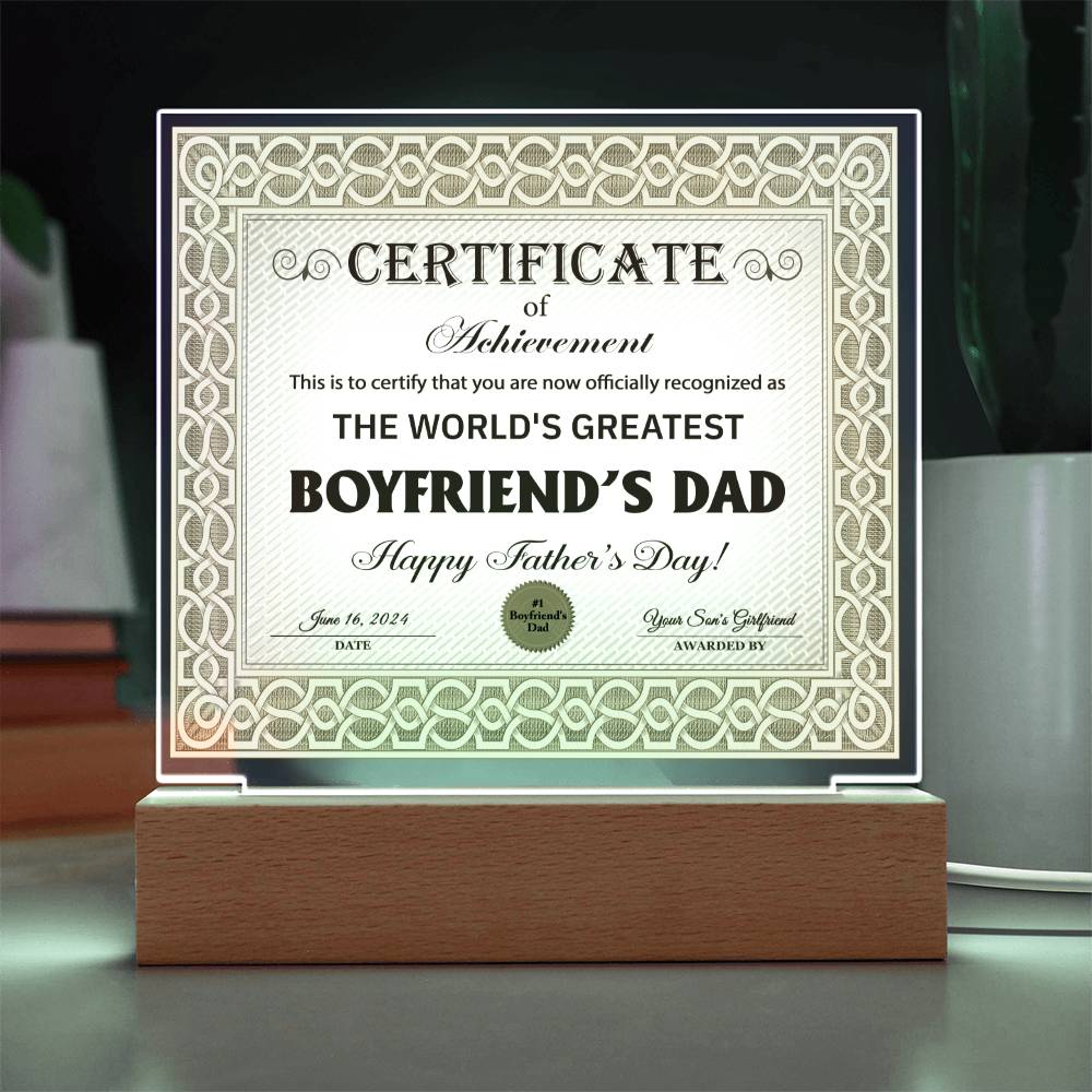 Acrylic Plaque Gift For Boyfriend's Dad - Certificate of Achievement