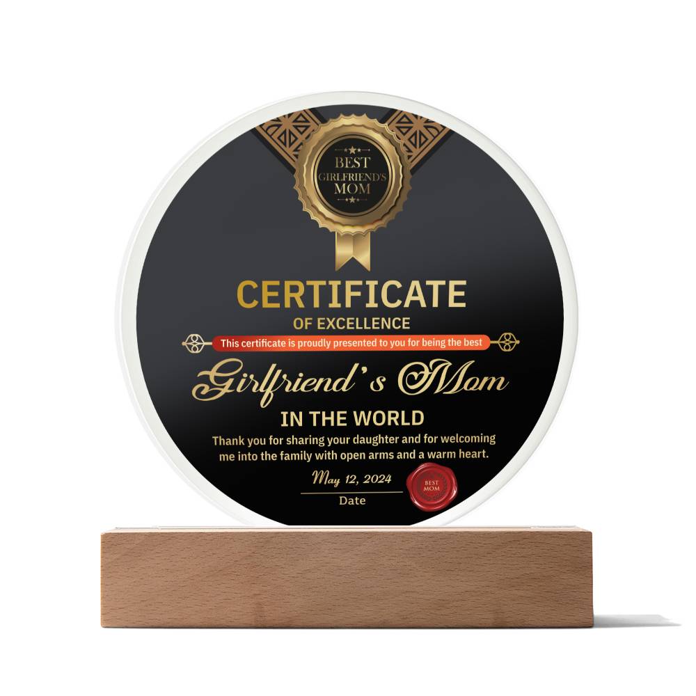 Acrylic Circle Gift For Girlfriend's Mom - Certificate of Excellence