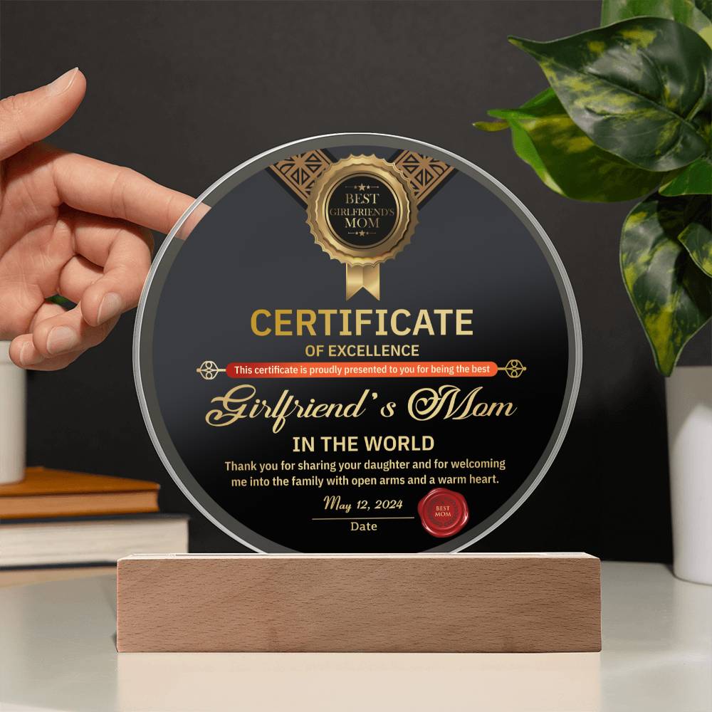 Acrylic Circle Gift For Girlfriend's Mom - Certificate of Excellence