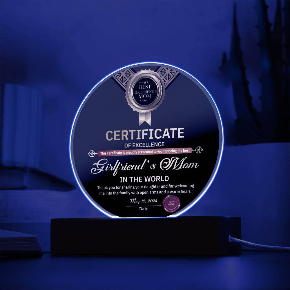 Acrylic Circle Gift For Girlfriend's Mom - Certificate of Excellence