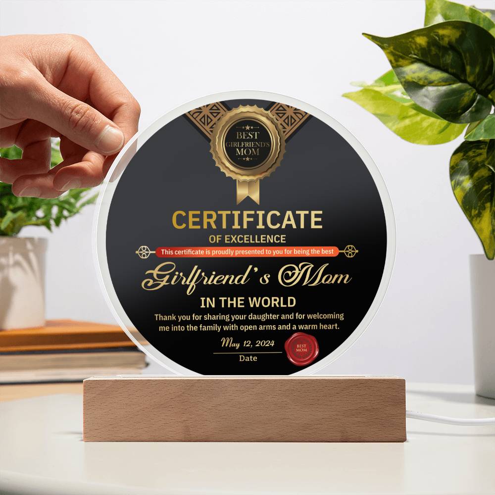 Acrylic Circle Gift For Girlfriend's Mom - Certificate of Excellence