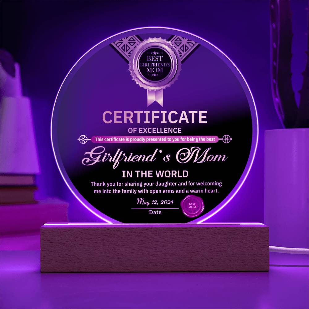 Acrylic Circle Gift For Girlfriend's Mom - Certificate of Excellence