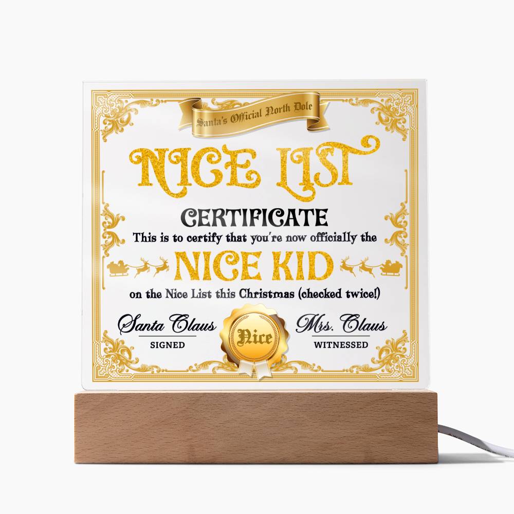 Son or Daughter Christmas Acrylic Gift - Nice List Certificate