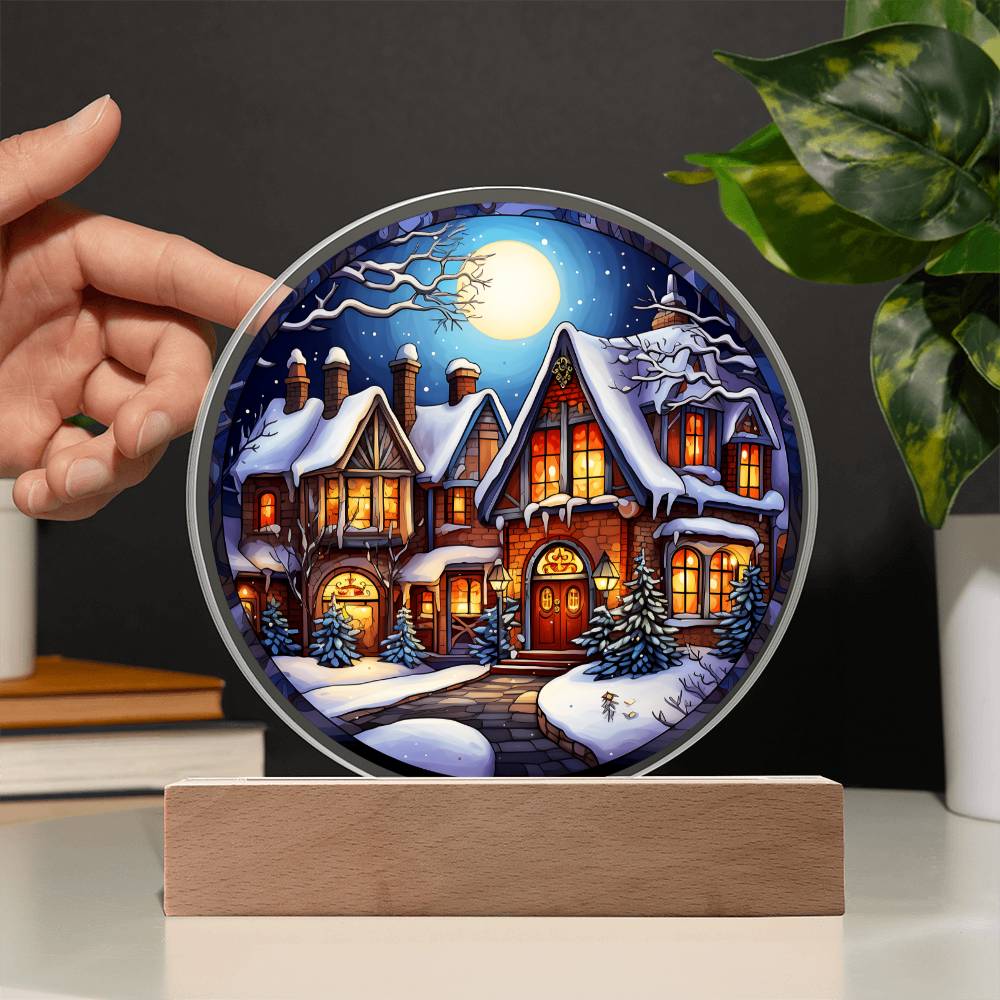 Holiday Acrylic Circle Plaque - Christmas Snow Covered House