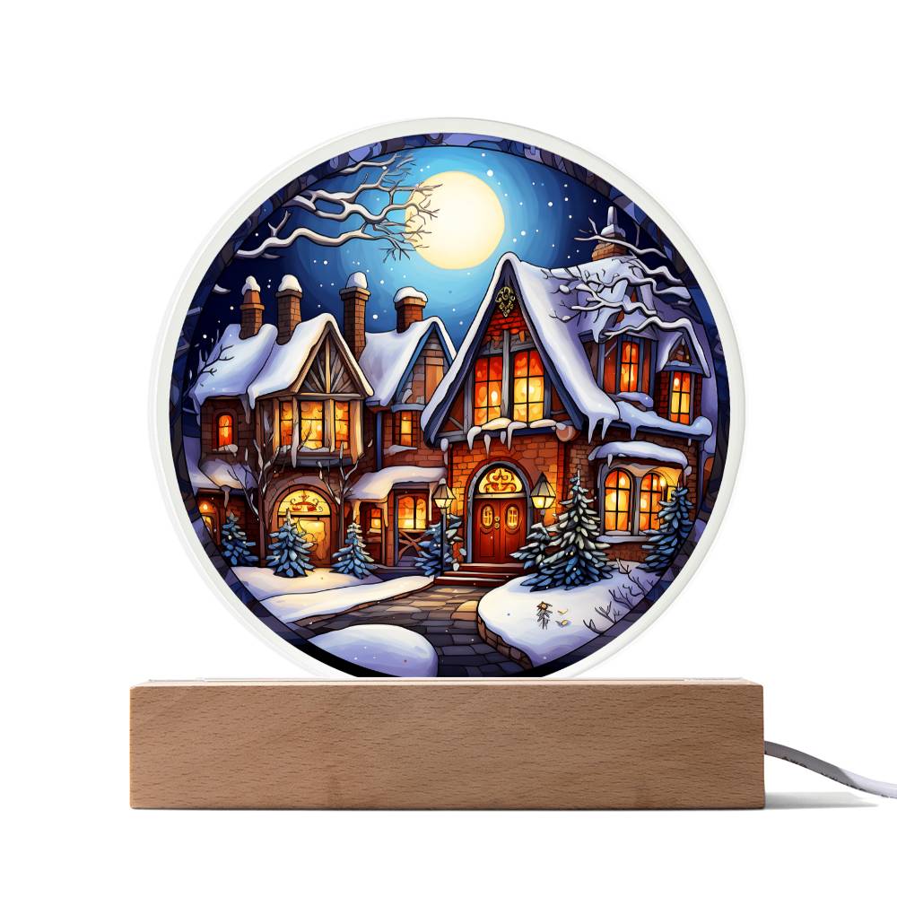 Holiday Acrylic Circle Plaque - Christmas Snow Covered House