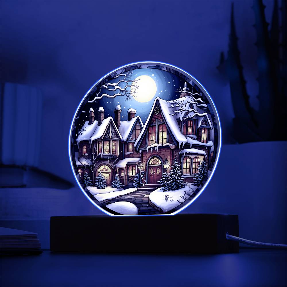 Holiday Acrylic Circle Plaque - Christmas Snow Covered House