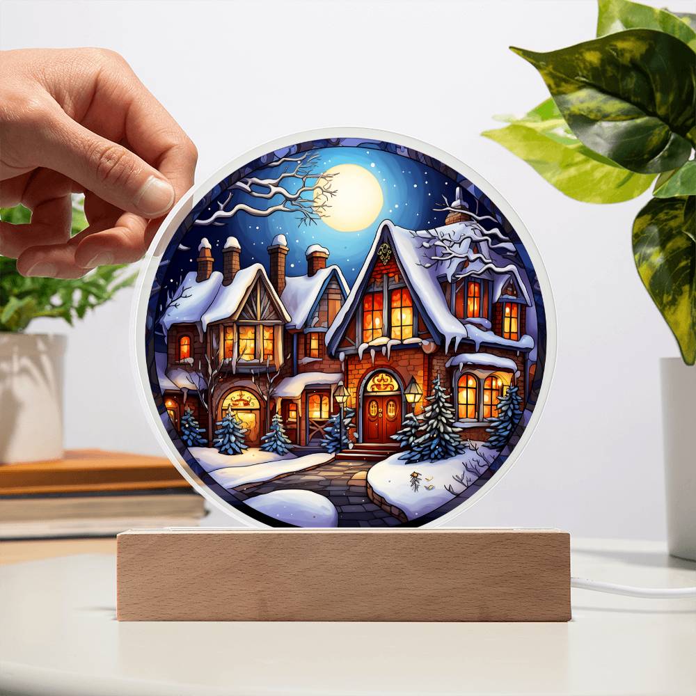 Holiday Acrylic Circle Plaque - Christmas Snow Covered House