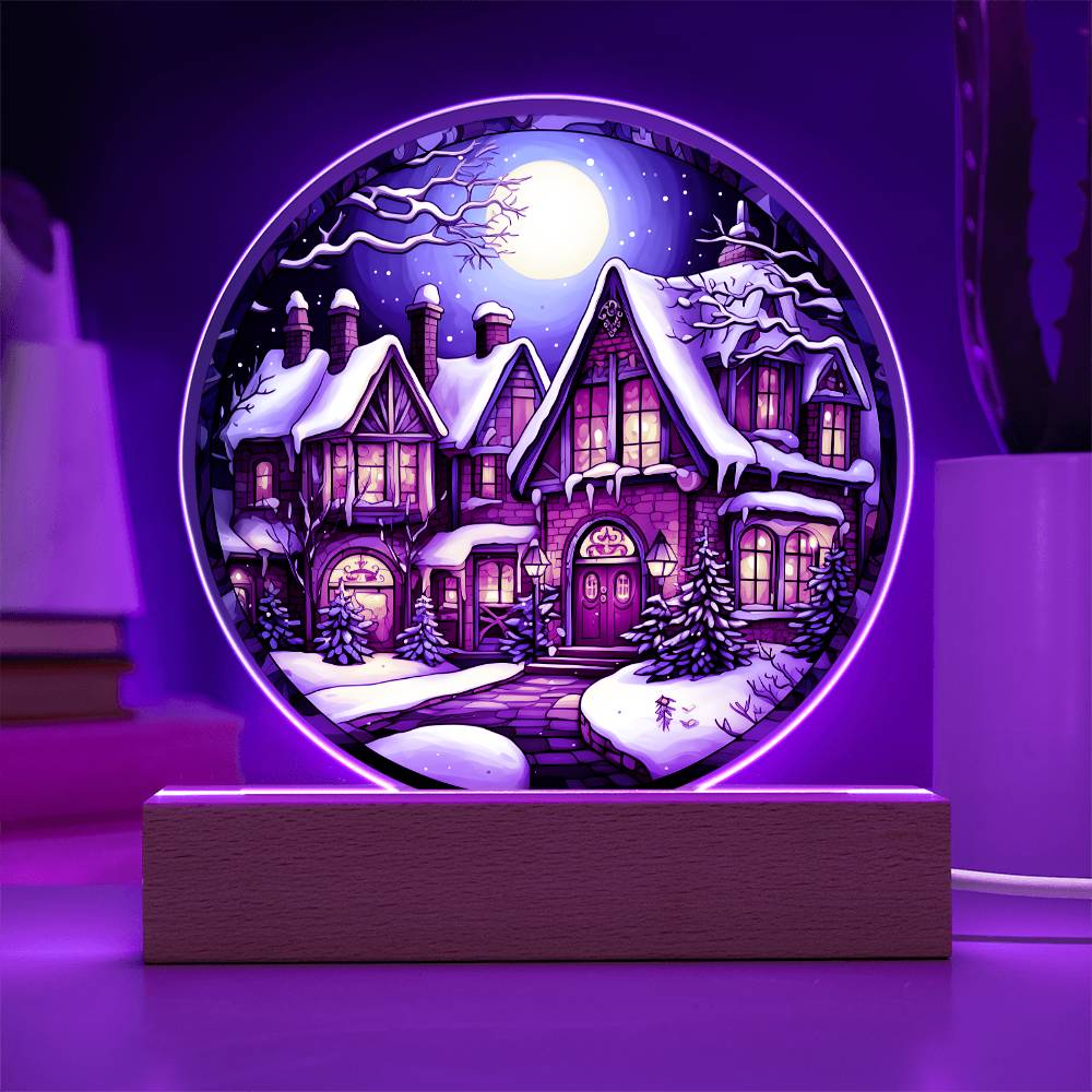 Holiday Acrylic Circle Plaque - Christmas Snow Covered House